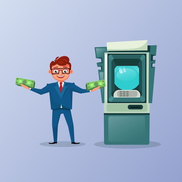 Rich Business Man Holding Money Cash Over Atm Machine Background