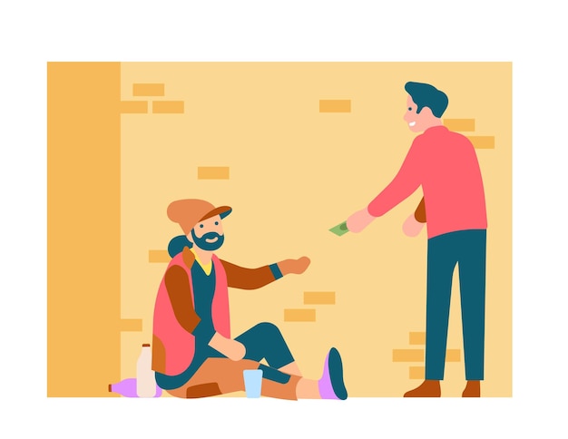 Rich man gives money to unemployed beggar Person sharing cash with homeless Charity donation Financial crisis Panhandler asking alms Refugee begging dollar banknote Vector concept