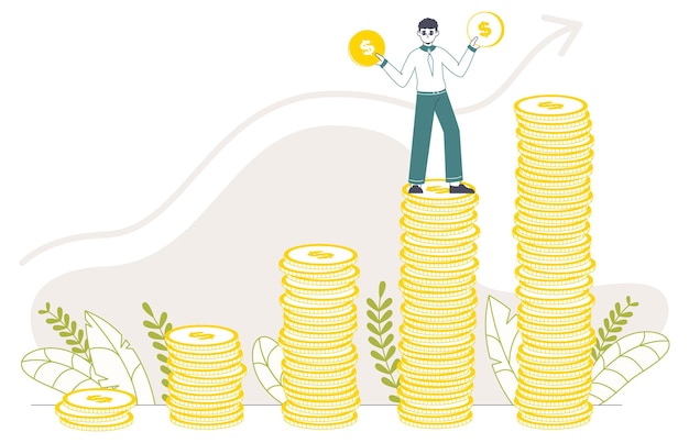 Rich man standing on money stacks economic development concept flat vector illustration