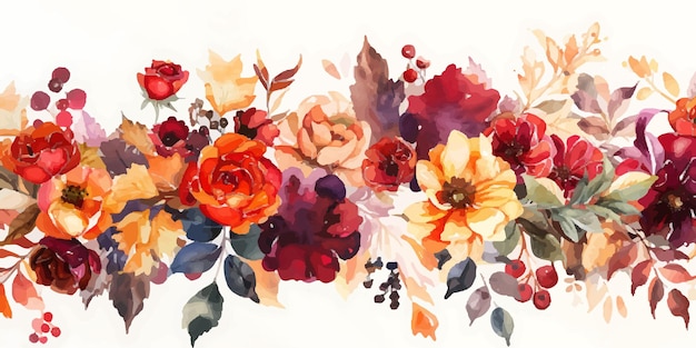 A rich watercolor arrangement of fall flowers leaves and berries