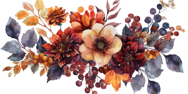 A rich watercolor arrangement of fall flowers leaves and berries