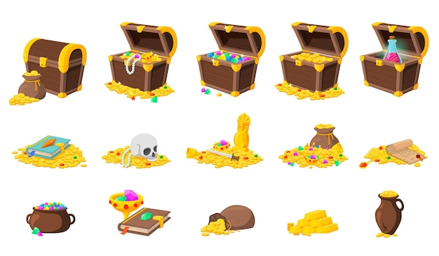 Riches and treasure Gold treasures golden coins pile Gaming crystal isolated open wooden chest Cartoon game location recent vector elements