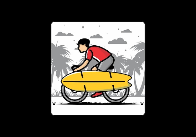 Ride a bike with a surf board illustration