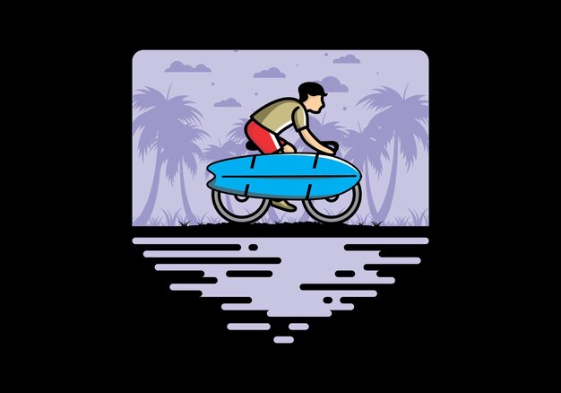 Ride a bike with a surf board illustration