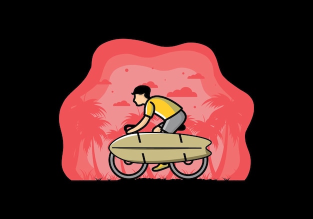 Ride a bike with a surf board illustration