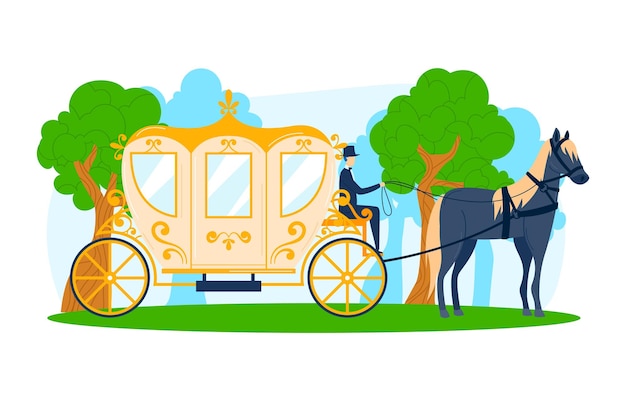 Vector ride carriage transport with horse vehicle at nature vector illustration transportation by old coach