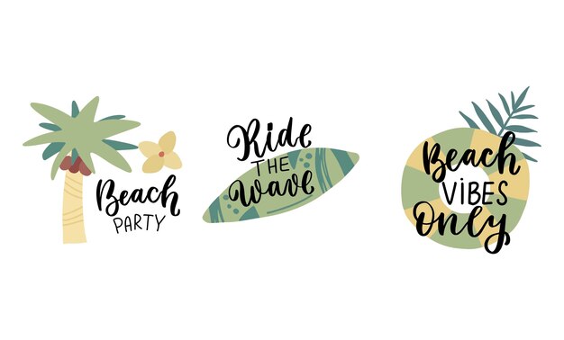 Vector ride the wave beach party beach wibes only surfing quote summer beach stickers set