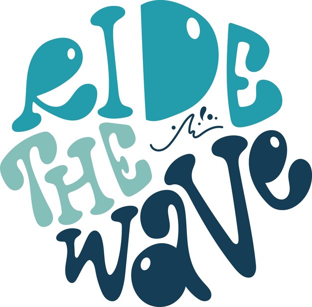 Ride the wave handdrawn vector design in a round shape Trendy groovy style