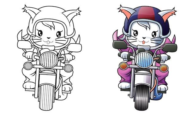 Rider cat and motorcycle cartoon coloring page for kids