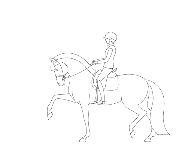 Rider and horse move forward at a beautiful trot linear pattern for coloring