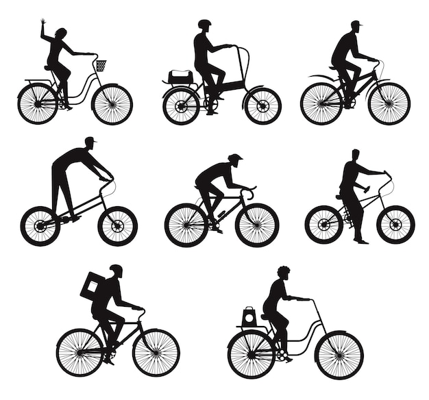 Riding bicycles cyclists bikes men women Vector silhouette