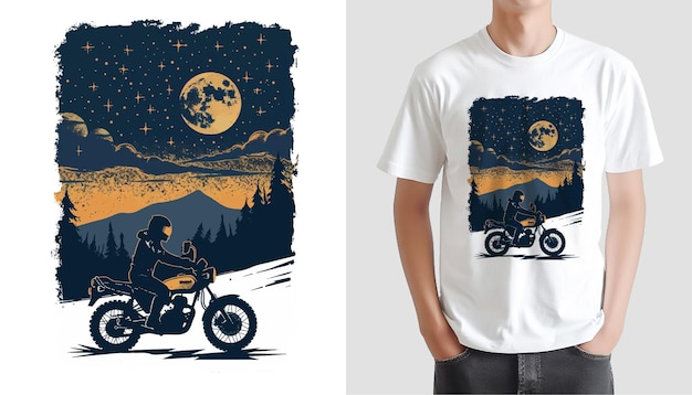 Riding Night on a Motorcycle TShirt Flat Design Illustration