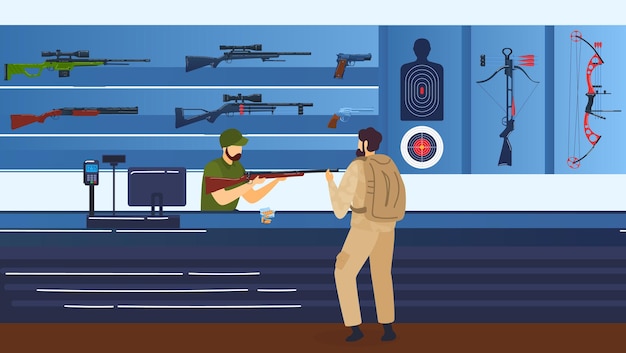 Riflerange, shooting gallery, man with rifle, guns and rifle  illustration.