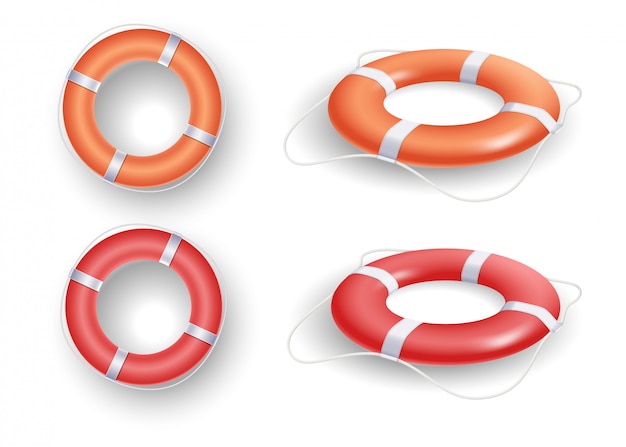 Ring buoy set with red and orange color, with different angles isolated  .   illustration