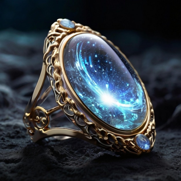 a ring with a blue stone and a ring that says  galaxy