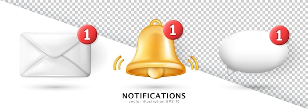 Ringing bell, chat bubble (speech cloud), closed letter (new message) with red notification button