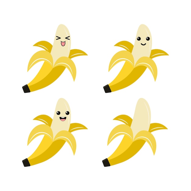 Ripe banana with kawaii eyes. Flat design vector illustration of red apple isolated on white backgro