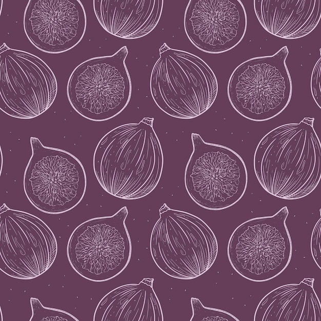 Ripe fig fruit in sketch style vector seamless purple pattern