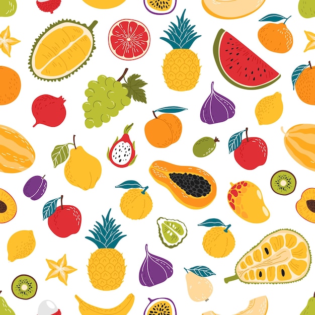 Ripe fruits seamless pattern tropical background