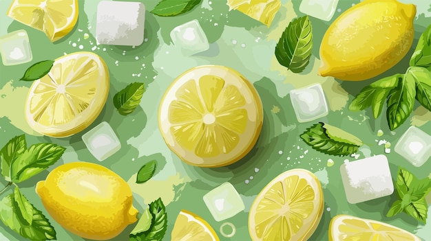 Vector ripe lemon with mint ice cubes and sugar on green background