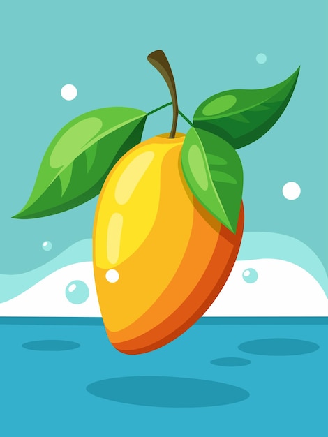 Vector ripe mango with green leaves floating in water