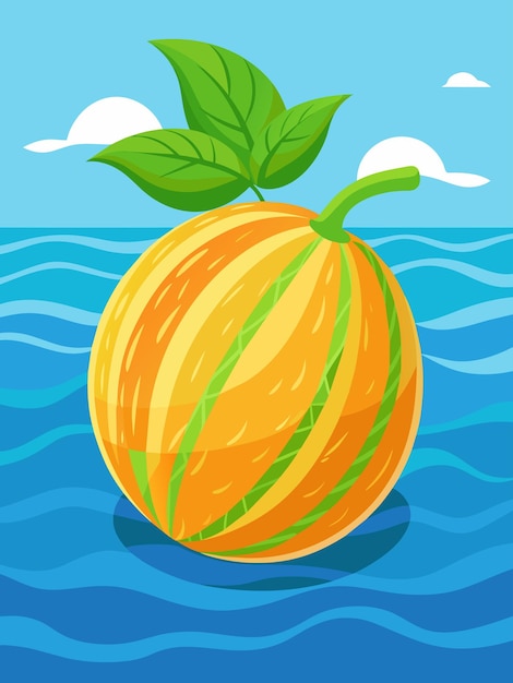 Ripe Melon Floating on Blue Water with Green Leaves