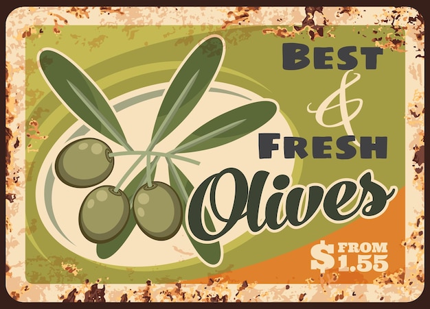 Ripe olives rusty metal plate vector price tag