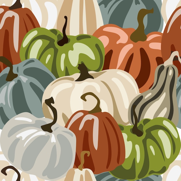 Ripe pumpkins of different varieties and shapes seamless pattern.Vector.farming garden theme