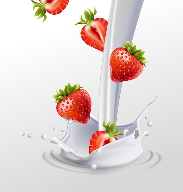 Ripe strawberry and a splash of milk. 3D vector illustration.