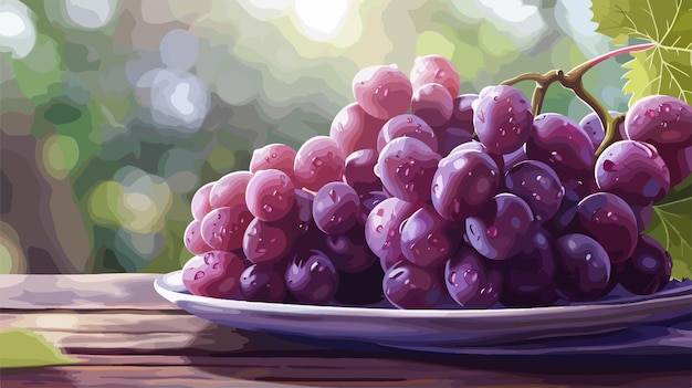 Ripe Sweet Grapes on Table Closeup in Vector Style