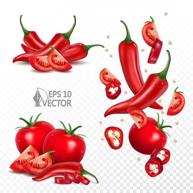 Ripe tomatoes and chili peppers natural fresh vegetables falling pieces 3d realistic vector icon set