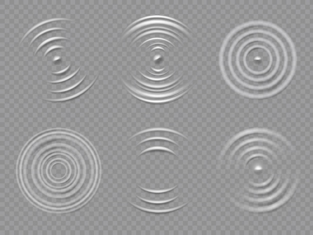 Ripples top view. Realistic water concentric circles and liquid circular waves. Round sound wave splash effects. 3d drop rings vector set. Fluid droplet making circles, purity and freshness