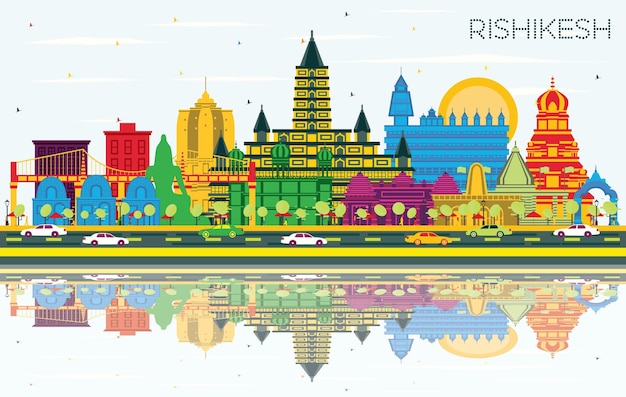 Rishikesh India City Skyline with Color Buildings Blue Sky and Reflections Vector Illustration Rishikesh Cityscape with Landmarks