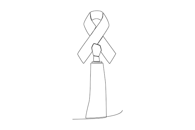 A rising hand holding a ribbon illustration to support world cancer prevention one line art