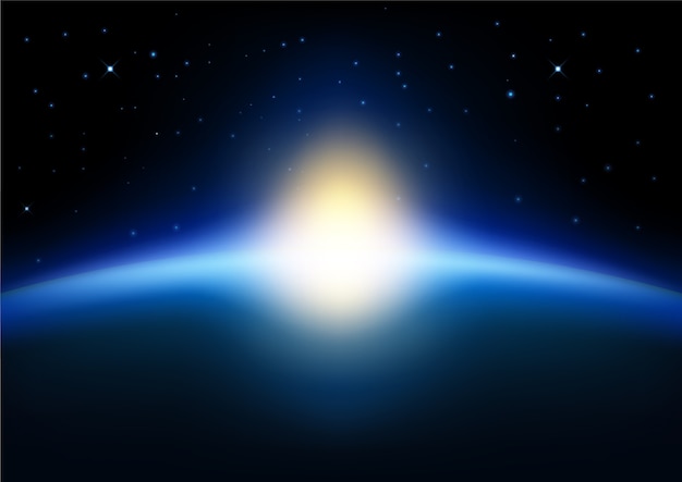 Rising sun on earth on blue glowing background