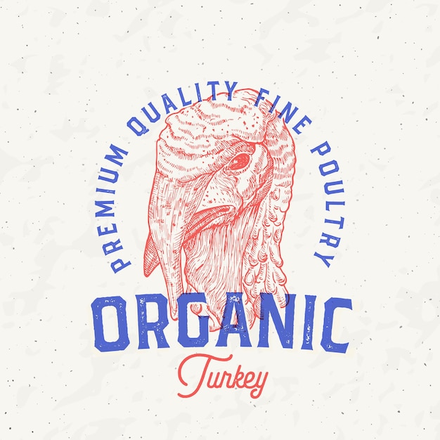 Risograph Style Turkey Meat Products Farm Retro Badge Logo Template Hand Drawn Bird Face Sketch