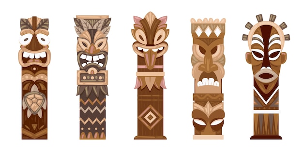 Vector ritual wooden statues cartoon ethnic tiki totems aboriginal pole totems flat vector illustration set hawaiian or african traditional sculptures