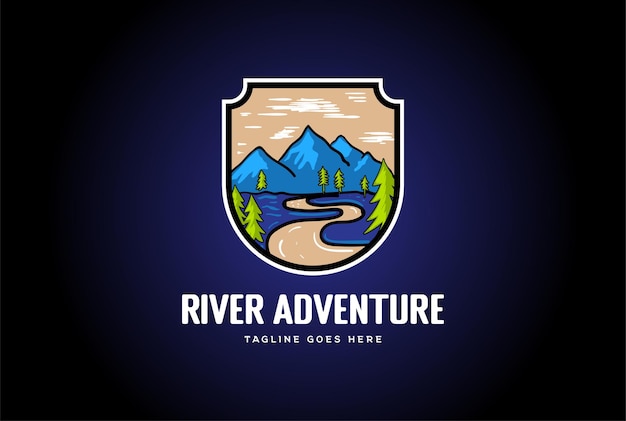 River Creek Mountain with Pine Fir Trees Forest Badge Emblem for Outdoor Hiking Camp Adventure Logo Design