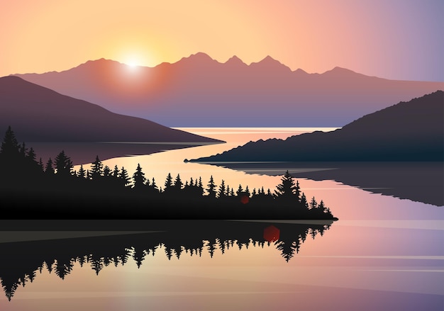 River forest and mountains sunrise vector landscape beautiful nature hills trees in the morning