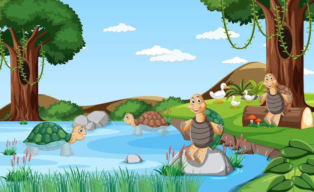 River in the forest with tortoises in cartoon style