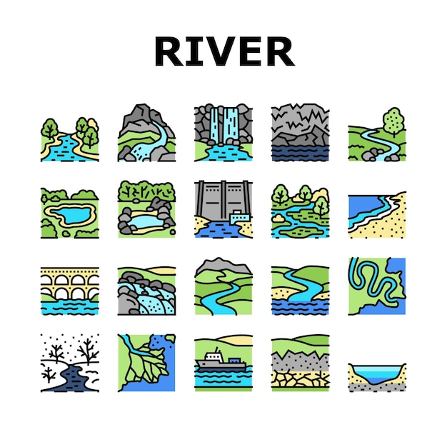 River And Lake Nature Landscape Icons Set Vector