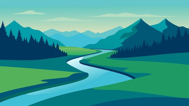 Vector river landscape illustration with view green fields trees and forest surrounding the rivers in