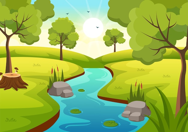 River Landscape Illustration with View Mountains and Forest Surrounding the Rivers in Hand Drawn