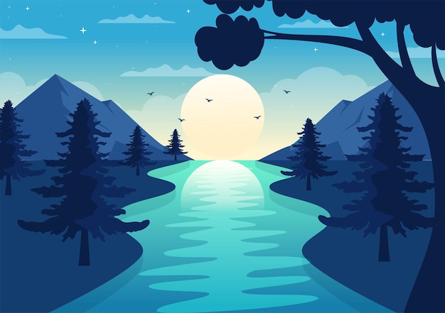 Vector river landscape illustration with view mountains and forest surrounding the rivers in hand drawn