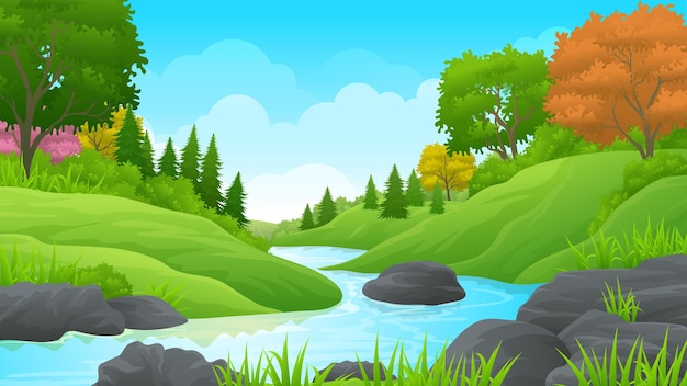 River between lush green hills with rocks vector illustration