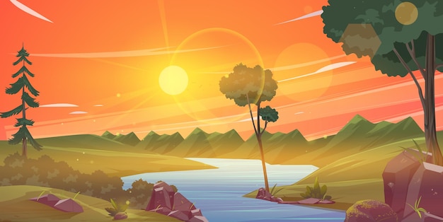 Vector river mountain and sunset illustration background