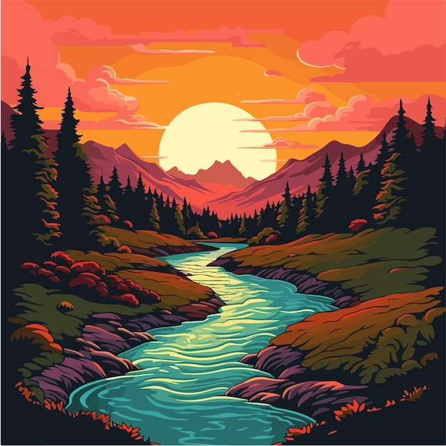 A river in the mountains with a sunset and mountains in the background.