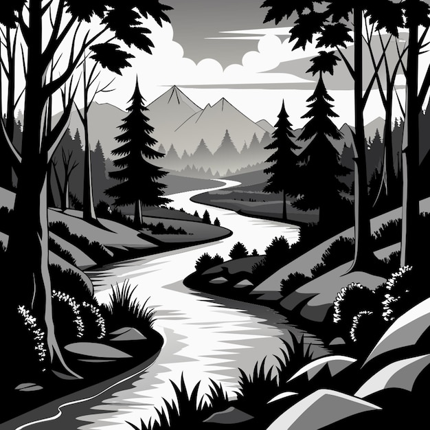 Vector a river runs through a forest with a mountain in the background