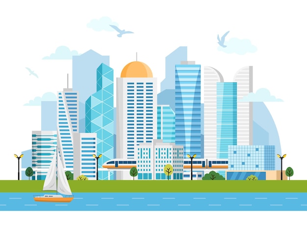 River side landscape with skyscrapers, subway, boat. Vector illustration