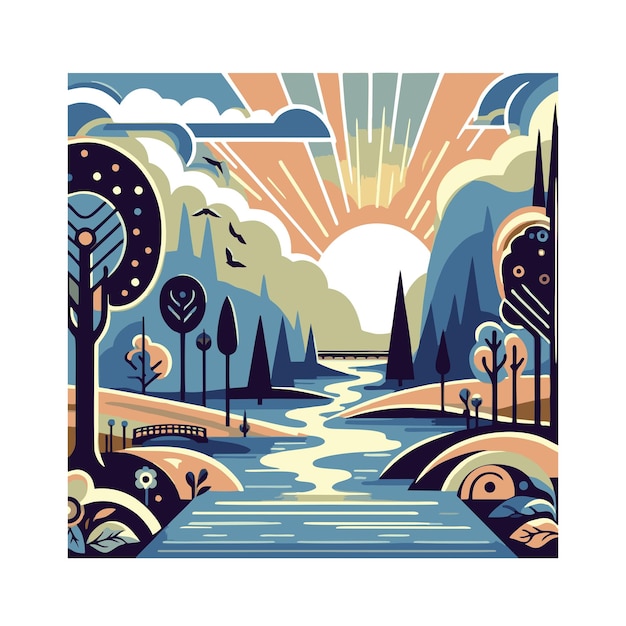 river view flat vector design in art nouveau style